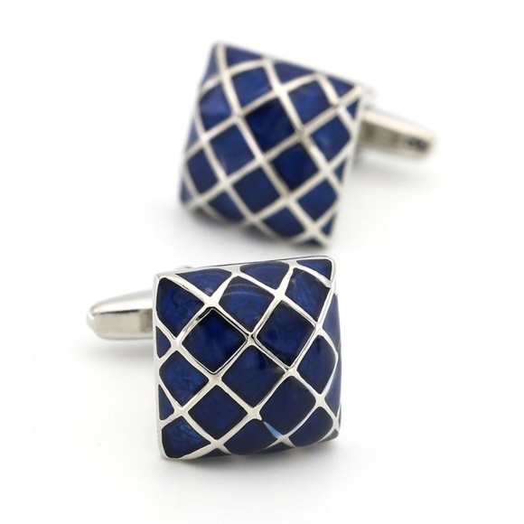 Silver and Blue Glass Crosshatch Moroccan Mosaic Cufflinks - Picture 3 of 16